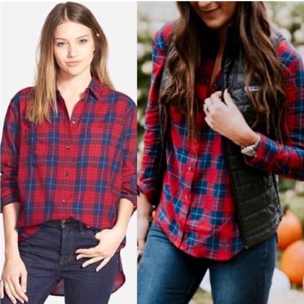 MADEWELL | red navy plaid button down shirt XS